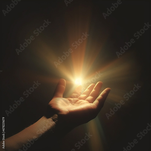 Man's hand reaching for the sun on a dark background with rays of light