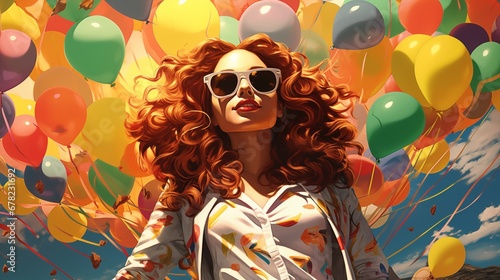 Beautiful girl with red hair wearing glasses on the background of balloons. Fantasy concept , Illustration painting.