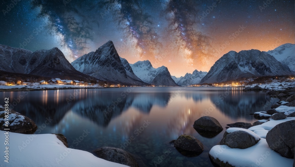 Bright Milky Way over snow covered mountains and sea at night in winter in Norway. Landscape with snowy rocks, starry sky, reflection in water, Beautiful milky way. Ai Generative