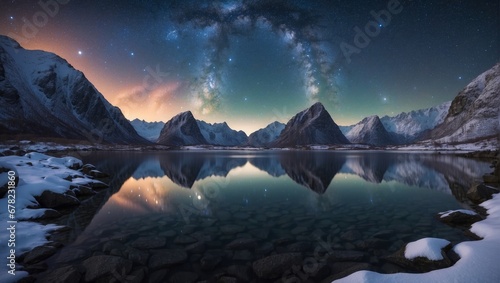 Bright Milky Way over snow covered mountains and sea at night in winter in Norway. Landscape with snowy rocks, starry sky, reflection in water, Beautiful milky way. Ai Generative