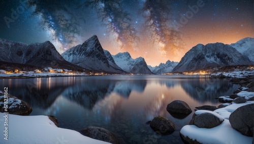 Bright Milky Way over snow covered mountains and sea at night in winter in Norway. Landscape with snowy rocks  starry sky  reflection in water  Beautiful milky way. Ai Generative