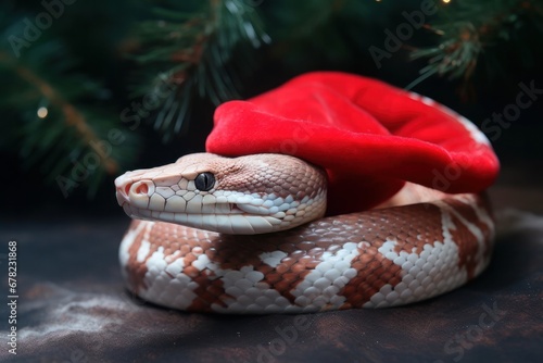 Christmas snake in Santa hat with christmas tree on background. Snake in Christmas hat looks at place for text. Symbol of the year. chinese horoscope. Calendar. New year 2024. Merry, Happy New Year