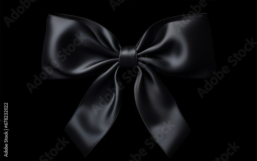 Shiny black satin ribbon bow on black background. black bow. Black bow and black ribbon. Christmas gift, valentines day, birthday wrapping element Copy space