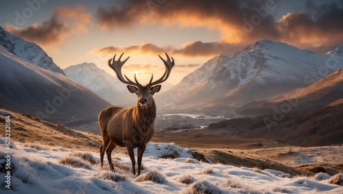 Composite image of red deer stag in Beautiful Alpen Glow hitting mountain peaks in Scottish Highlands during stunning Winter landscape sunrise. Ai Generative