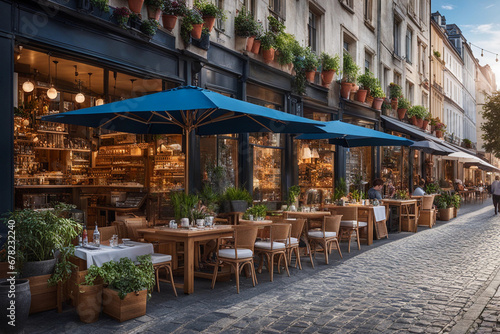 Al fresco dining at a row of cafes and restaurants with tables and chairs arranged and lined up neatly outside by the streets of an European city for diners to have their meal out in the open air. photo
