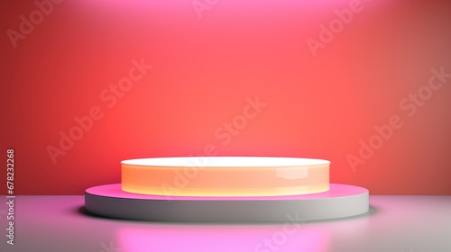 3d Neon round Podium on background with Copy space. Illustration with futuristic Empty Pedestal, scene with pink and blue glowing frame. Product presentation, mock up, cosmetic product, platform.