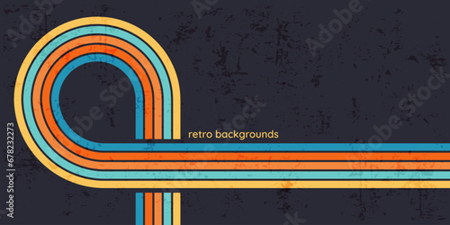 Retro colorful grunge backdrop with bright stripes, groovy background with scuffed dirty texture, old style abstract and empty banner. Vector illustration.