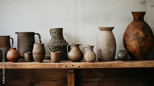 Generative AI, crafted pottery, still life of hand made pottery and ceramic bowls, hobby and leisure concept © DELstudio