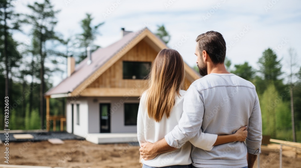 Young couple from the back looking to their newly built dream house - obrazy, fototapety, plakaty 