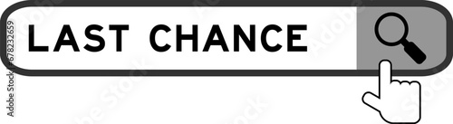 Search banner in word last chance with hand over magnifier icon on white background