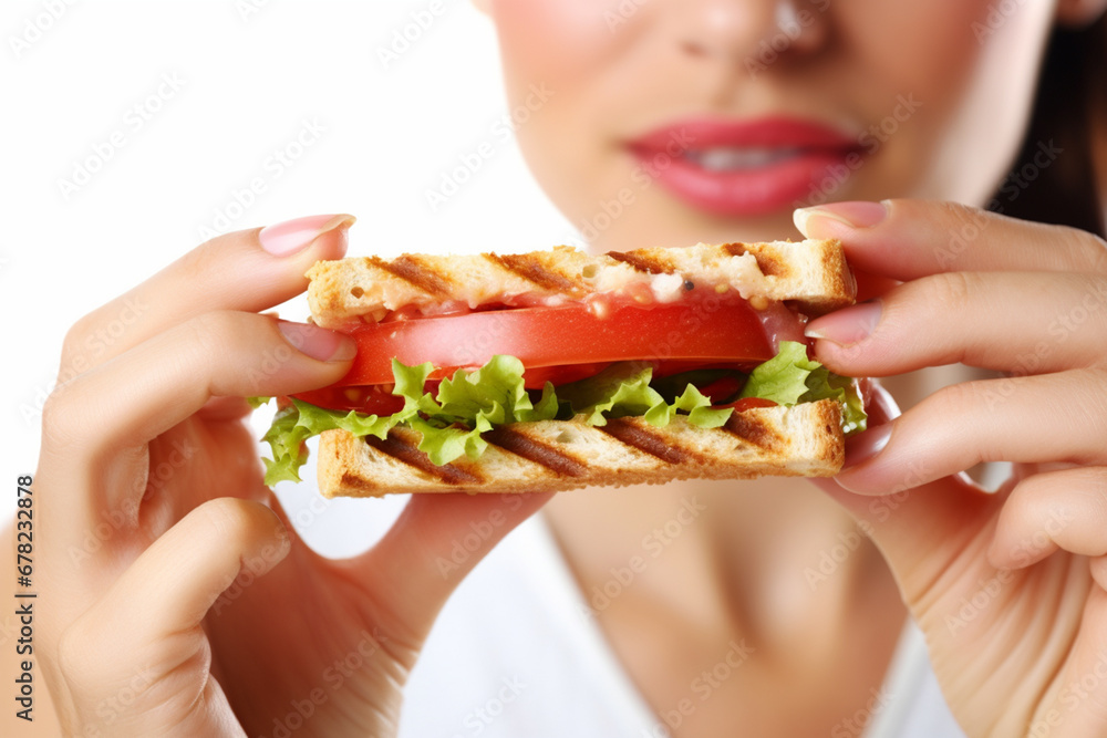 A Woman's Mouth Indulging in the Pleasures of a Delectable Sandwich Feast AI generated A Woman's Mouth Indulging in the Pleasures of a Delectable Sandwich Feast AI generated
