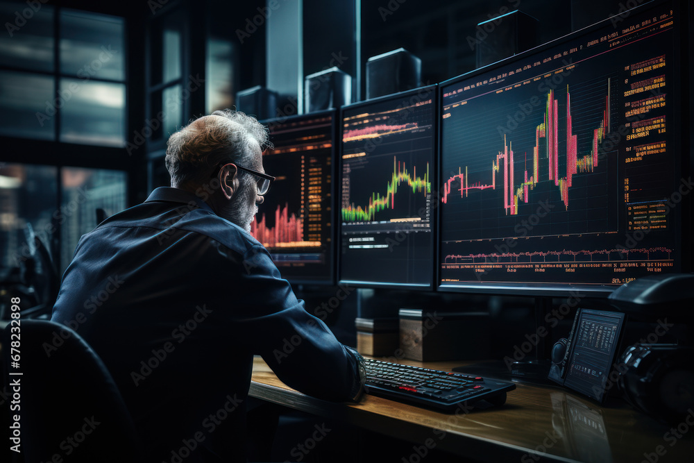 An investment strategy is meticulously crafted by a financial trade manager who delves into stock market indicators, charts, and financial data. Generative Ai. An investment strategy is meticulously crafted by a financial trade manager who delves into stock market indicators, charts, and financial data. Generative Ai.