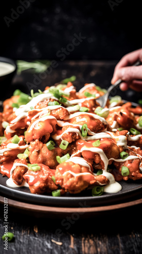 A serving of vegan buffalo cauliflower wings is being prepared in the image, with vibrant colors and a delicious appearance.