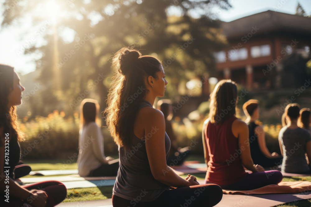 A group of diverse women engage in outdoor yoga, stretching their arms in unison while practicing breathing exercises at the park. Generative Ai.