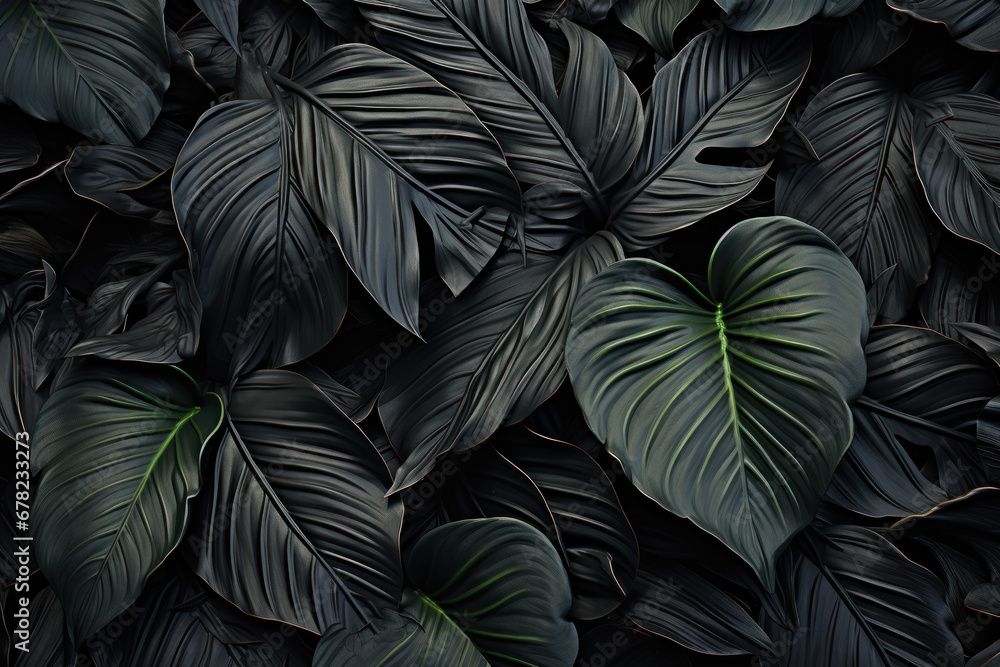 Abstract black leaves create a textural tropical leaf background in a flat lay format, capturing the essence of dark nature. Generative Ai. Abstract black leaves create a textural tropical leaf background in a flat lay format, capturing the essence of dark nature. Generative Ai.