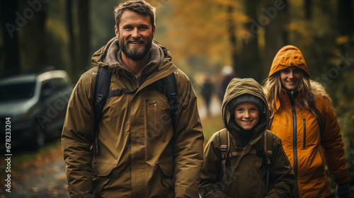 A family consisting of a father, mother and child who are hiking to learn about nature.