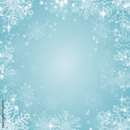 A magical Christmas background of snowflakes and sparkles. Falling snowflakes on a white-turquoise background. Vector illustration.
