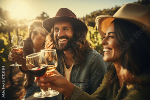 Friends raise their glasses in a vineyard during daylight hours  reveling in the harvest season outdoors. A group of happy friends enjoying the countryside during autumn. Generative Ai.