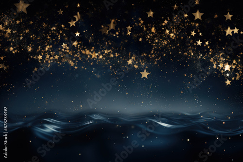 An abstract background shimmers with golden stars  particles  and sparkling effects against a navy blue backdrop.  Generative Ai.