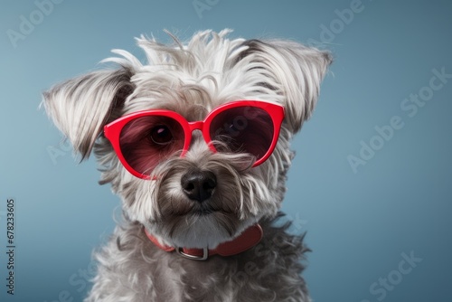 Cool Canine in Crimson Shades on a Serene blue backdrop. A grey dog wearing red sunglasses on a blue background