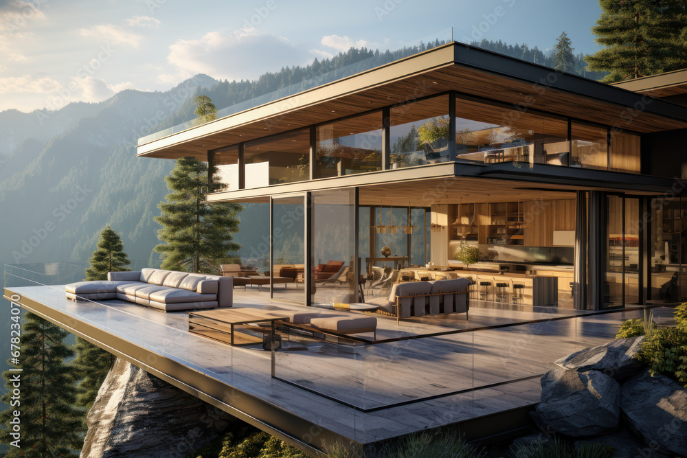A modern villa, characterized by minimalistic design, stands amid majestic mountain vistas. Glass walls showcase the beauty of the surrounding mountains. Generative Ai.
