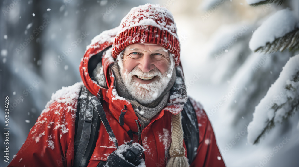 Portrait of an elderly man with a white beard in winter Portrait of an elderly man with a white beard in winter