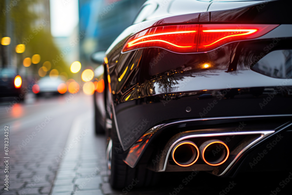 The stainless steel exhaust tip of a sports car takes the spotlight, with a car showroom serving as a bokeh-laden backdrop. The dual exhaust system enhances the rear of the black car. Generative Ai. - obrazy, fototapety, plakaty 