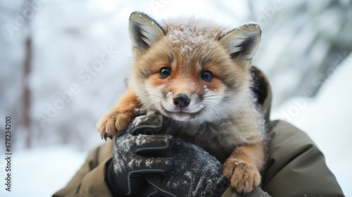 A man holds a small fox in his hands in winter