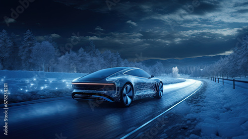 Future concept in front of an electric sports car in a hyper modern city