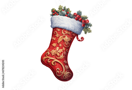 Christmas stocking with embroidery on transparent background, a Christmas symbol