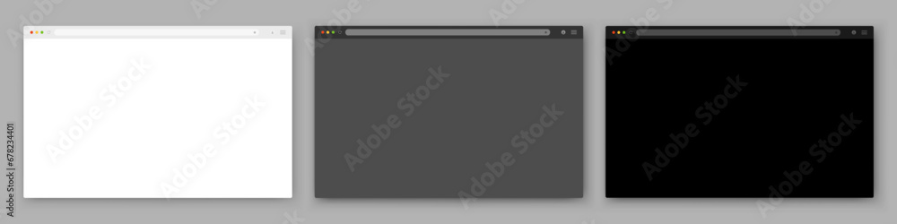 A set of three browser windows white, gray and black on a dark background. Website layout with search bar, toolbar and buttons. Vector illustration. A set of three browser windows white, gray and black on a dark background. Website layout with search bar, toolbar and buttons. Vector illustration.