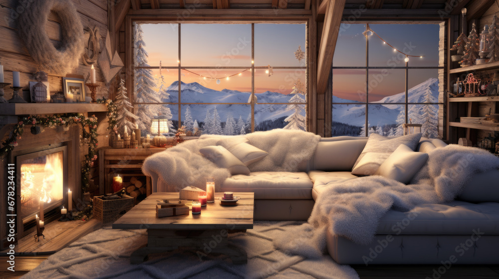 A bright, cozy winter garden with large windows. There is snow outside.