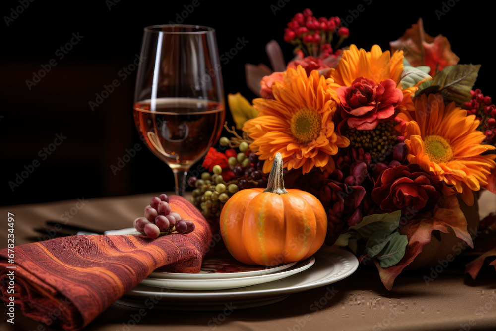 An autumn place setting includes fall leaves, napkins, and pumpkins. This Thanksgiving-inspired arrangement incorporates cutlery and a fall foliage arrangement. Generative Ai.