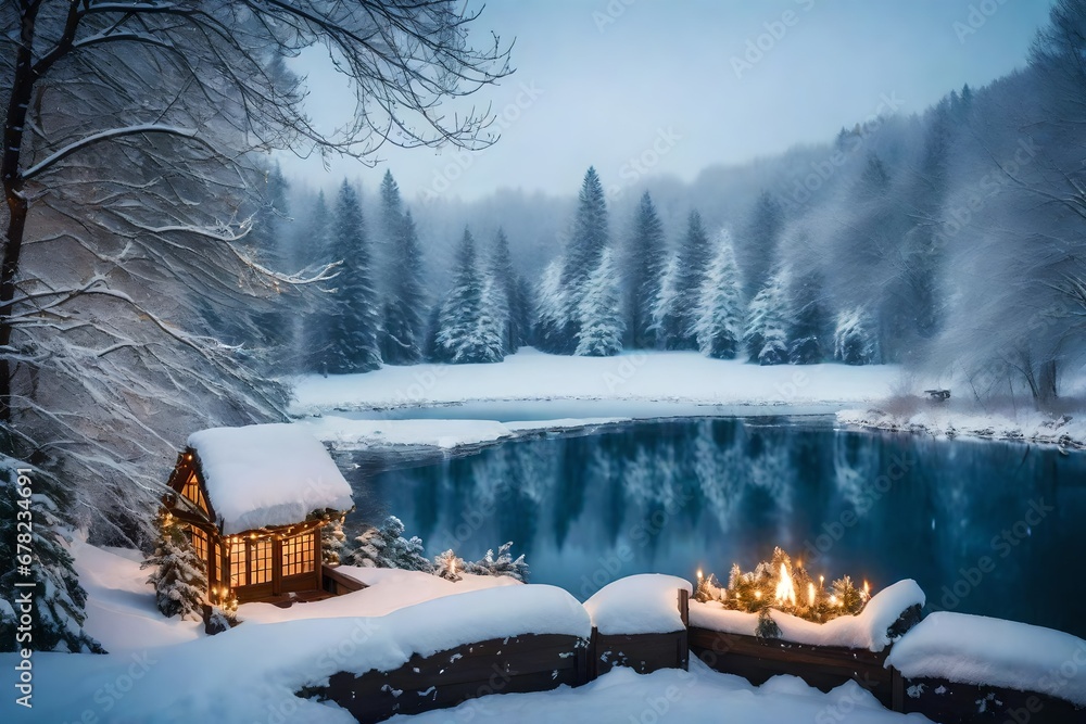 Festive décor set against a backdrop of snow-covered trees that accentuate the picturesque pond in a tranquil setting. 