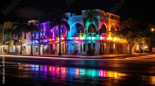 Illustration of colorfully illuminated houses with palm trees