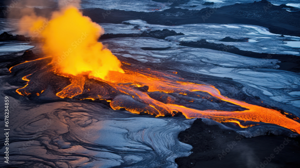 éruption volcanique avec coulée de lave sur les terres gelées d'Islande