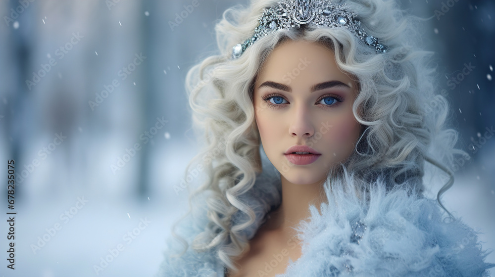 Young beautiful blonde woman against the backdrop of a winter landscape