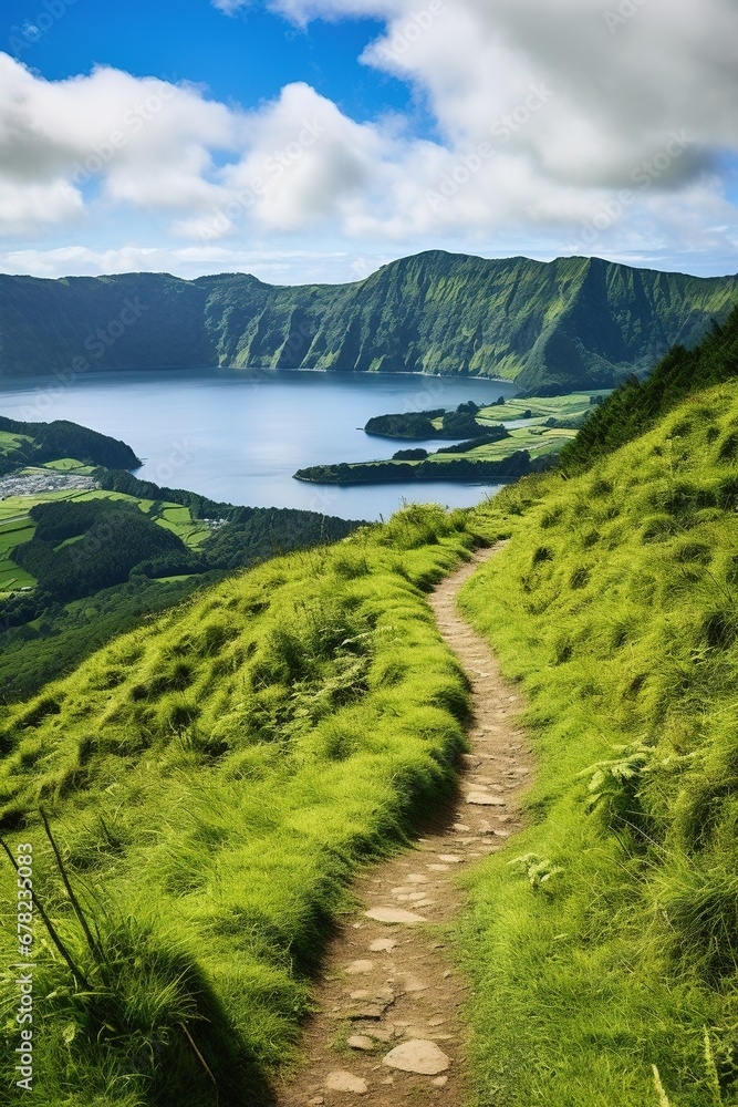 Walking path to the lake in the mountains, Azores, Portugal