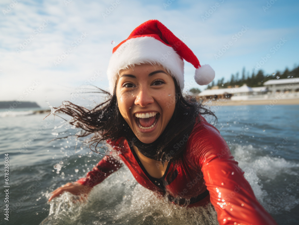 Obraz premium Swim in the sea wearing a Santa hat