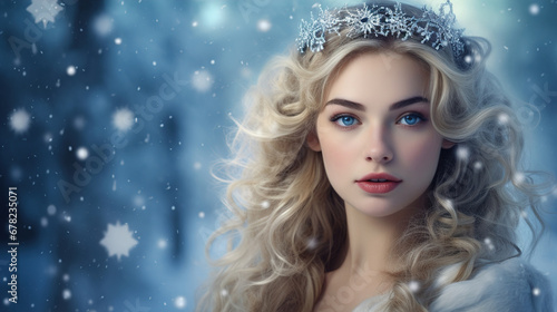 Young beautiful blonde woman against the backdrop of a winter landscape