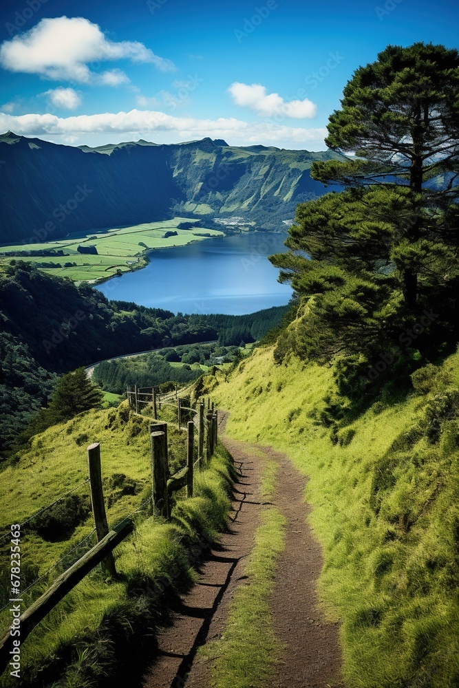 Walking path to the lake in the mountains, Azores, Portugal - obrazy, fototapety, plakaty 