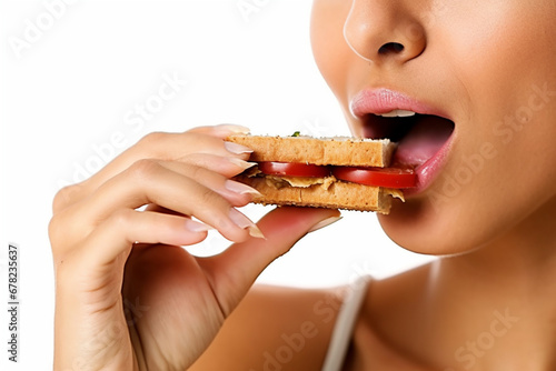 A Woman s Mouth Indulging in the Pleasures of a Delectable Sandwich Feast AI generated