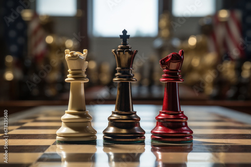 The China king chess piece triumphs, while the USA king chess piece is defeated, symbolizing the competition between the two countries in terms of economic prowess. Generative Ai.