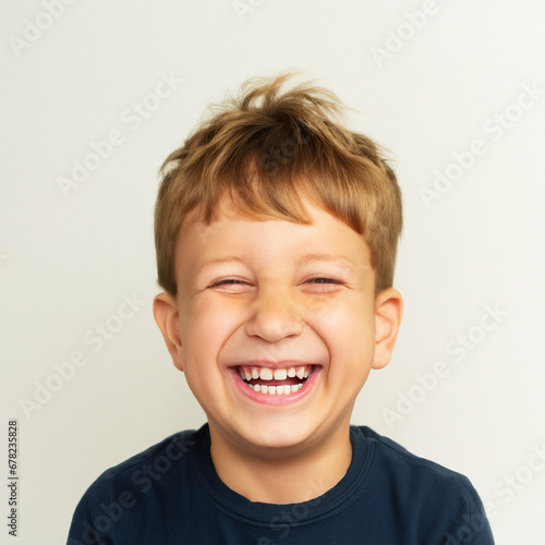 Smiling young blonde kid with open mouth and a fuzzy hair