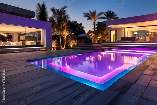 swimming pool in modern villa with colored led lights on dusk background. generative ai photo