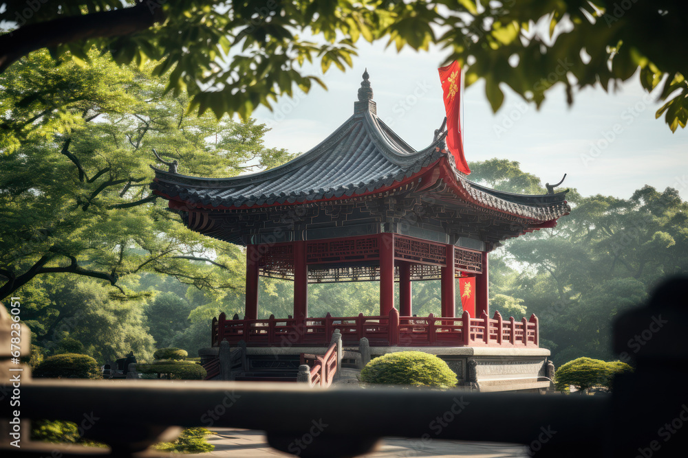 The Chinese flag hanging from a traditional pagoda in a serene garden. Concept of ancient culture and tranquility. Generative Ai.