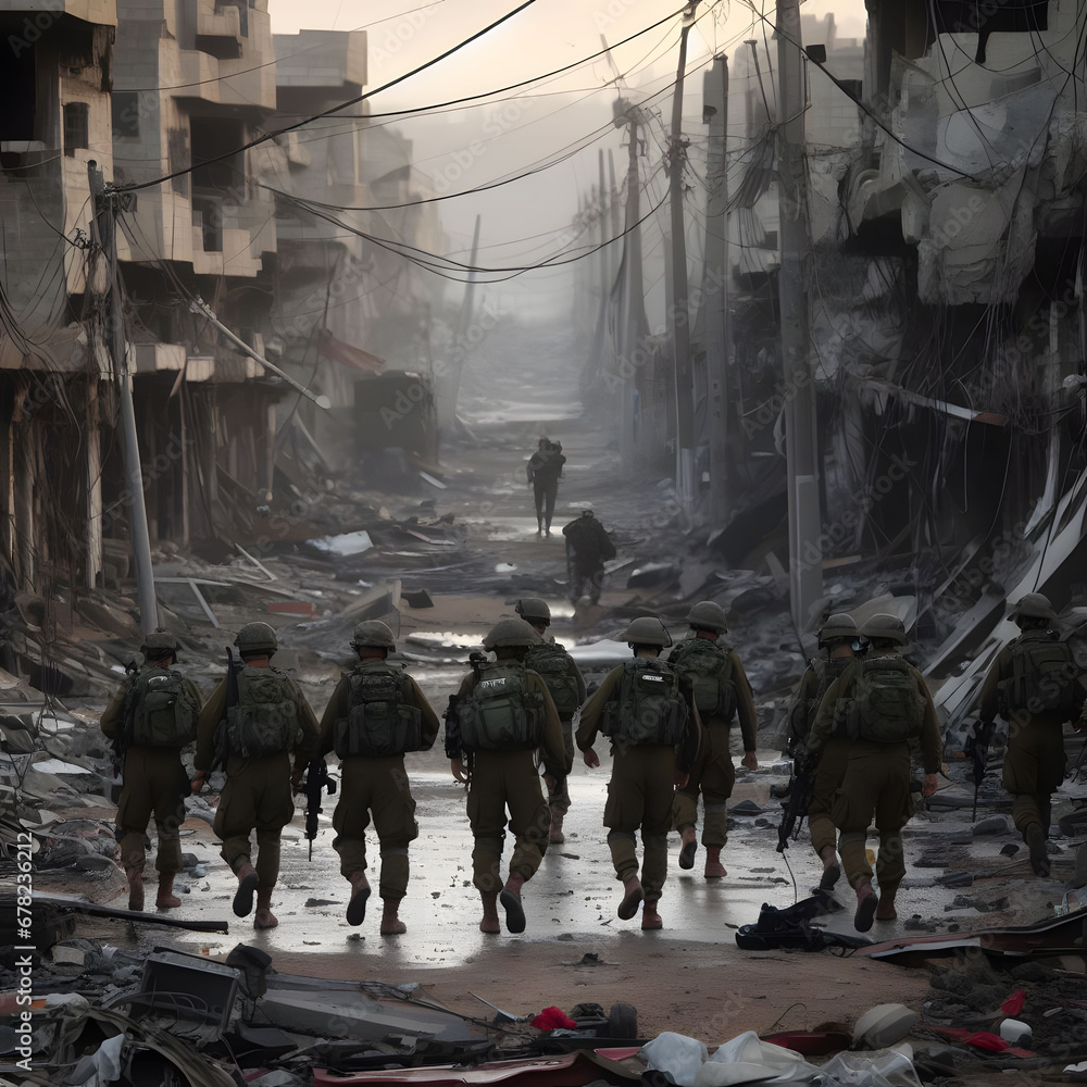 Israeli troops entering destroyed city