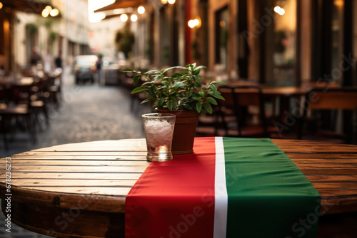 The Italian tricolor flag on a sidewalk cafe table in Rome. Concept of culinary delights and romance. Generative Ai.