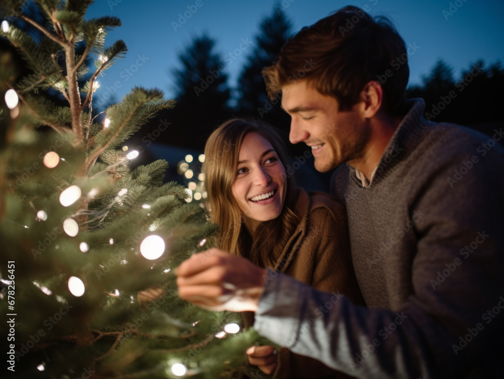 A couple were doing Christmas decorations in their backyard at night A couple were doing Christmas decorations in their backyard at night
