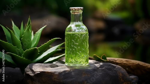 A bottle containing aloe vera gel, derived from the medicinal plant.